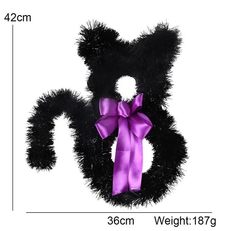 Small Size Cat Shape Wreath Halloween Decor PET Rattan Circle Door Wall Hanging Ornament - Black