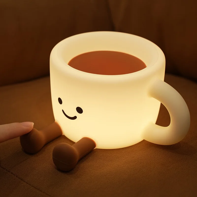 Niedliche Nachttischlampe in Kaffeetassenform mit Handyhalterung, Touch-Bedienung, 7 farbwechselnde LED-Leuchten