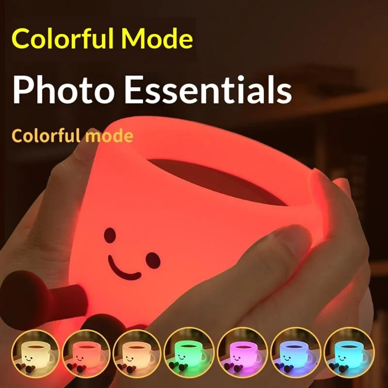 Niedliche Nachttischlampe in Kaffeetassenform mit Handyhalterung, Touch-Bedienung, 7 farbwechselnde LED-Leuchten