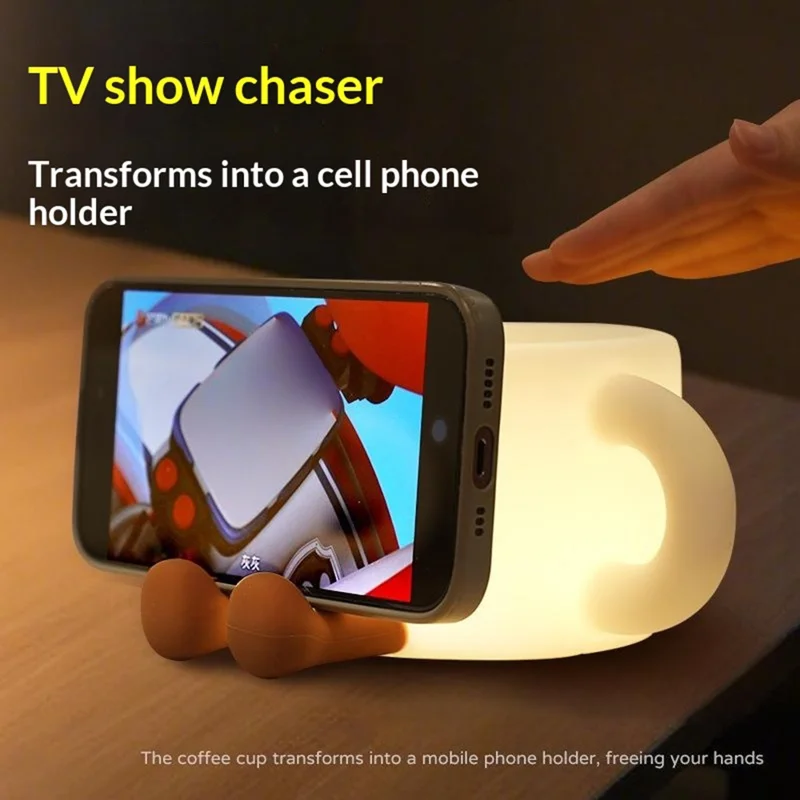Niedliche Nachttischlampe in Kaffeetassenform mit Handyhalterung, Touch-Bedienung, 7 farbwechselnde LED-Leuchten