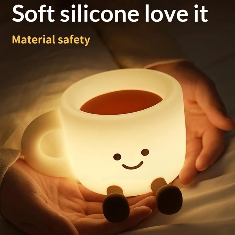 Niedliche Nachttischlampe in Kaffeetassenform mit Handyhalterung, Touch-Bedienung, 7 farbwechselnde LED-Leuchten