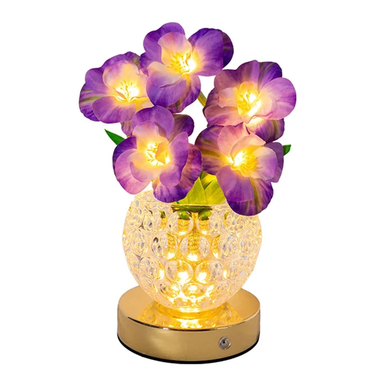Simulated Cherry Blossom Glass Vase Night Light USB Touch Control 3 Color Dimmable Ambient Table Lamp - Purple
