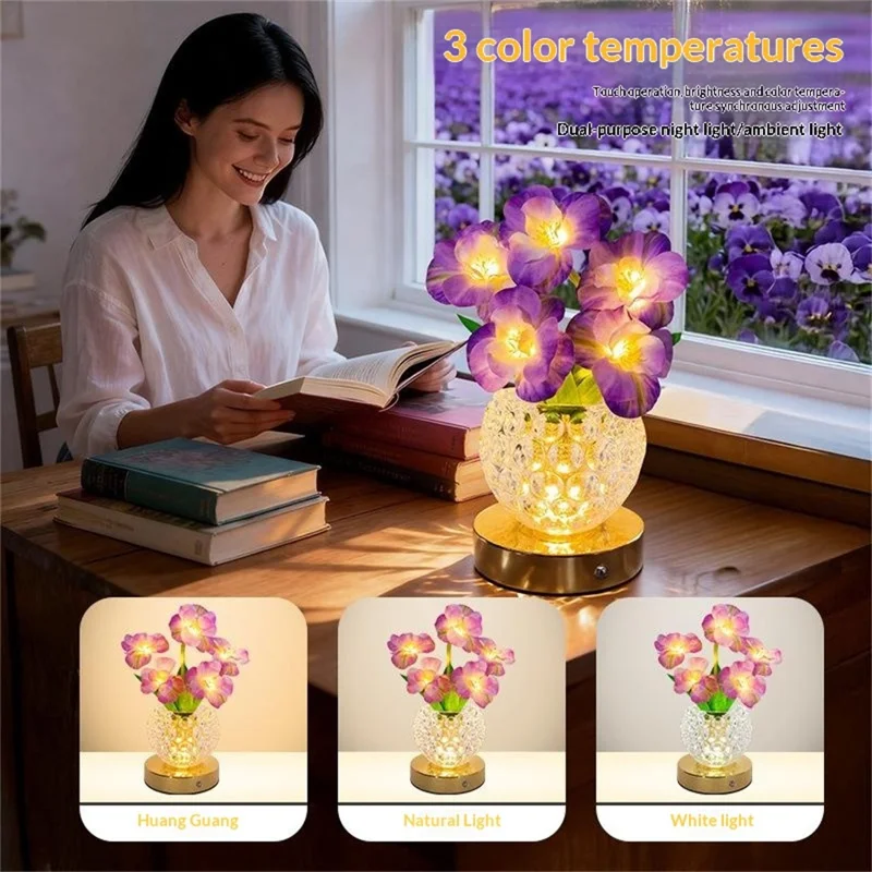 Simulated Cherry Blossom Glass Vase Night Light USB Touch Control 3 Color Dimmable Ambient Table Lamp - Purple