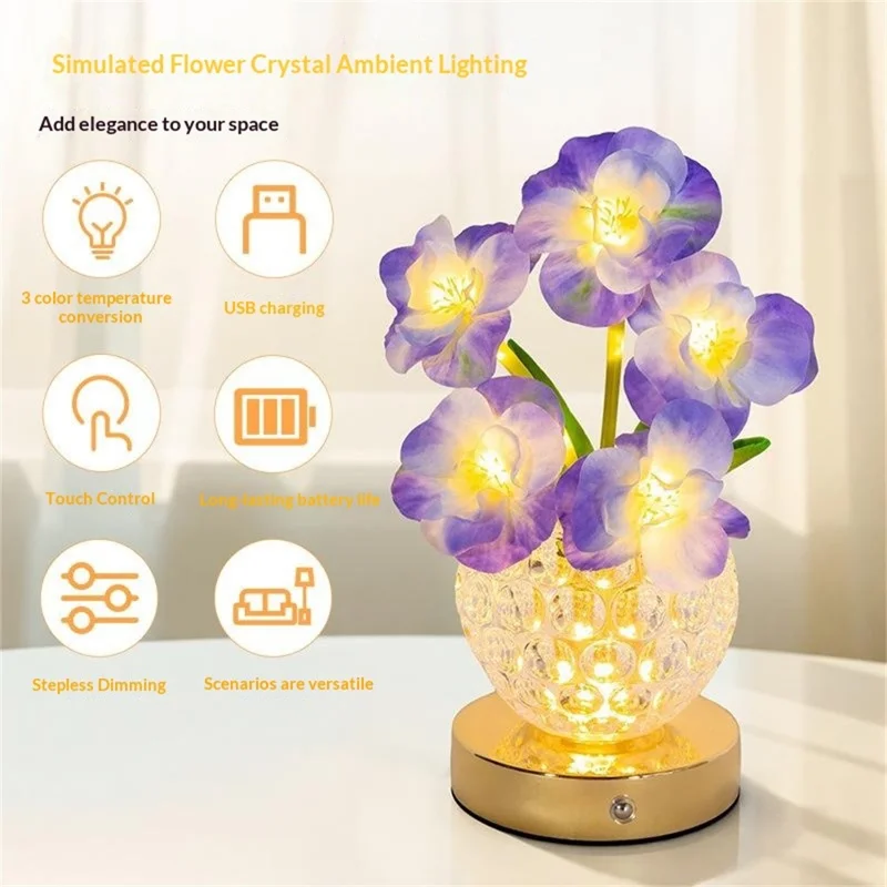 Simulated Cherry Blossom Glass Vase Night Light USB Touch Control 3 Color Dimmable Ambient Table Lamp - Purple