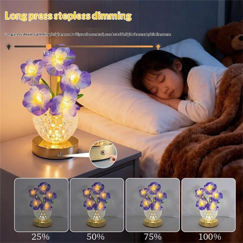 Simulated Cherry Blossom Glass Vase Night Light USB Touch Control 3 Color Dimmable Ambient Table Lamp - Purple