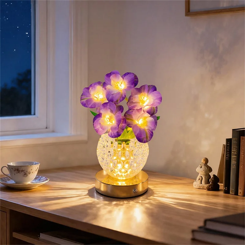 Simulated Cherry Blossom Glass Vase Night Light USB Touch Control 3 Color Dimmable Ambient Table Lamp - Purple