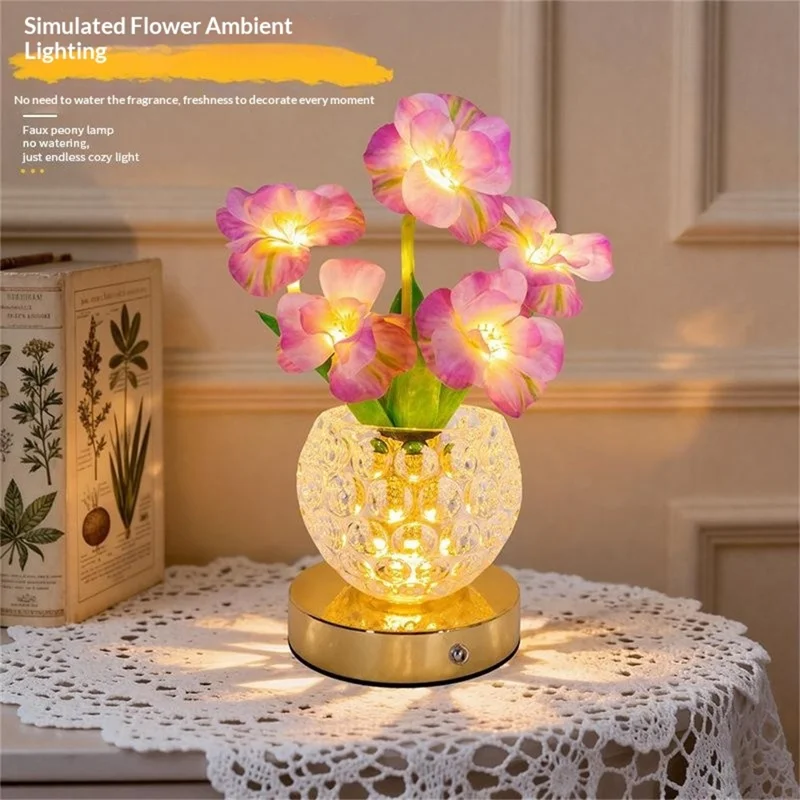 Simulated Cherry Blossom Glass Vase Night Light USB Touch Control 3 Color Dimmable Ambient Table Lamp - Purple