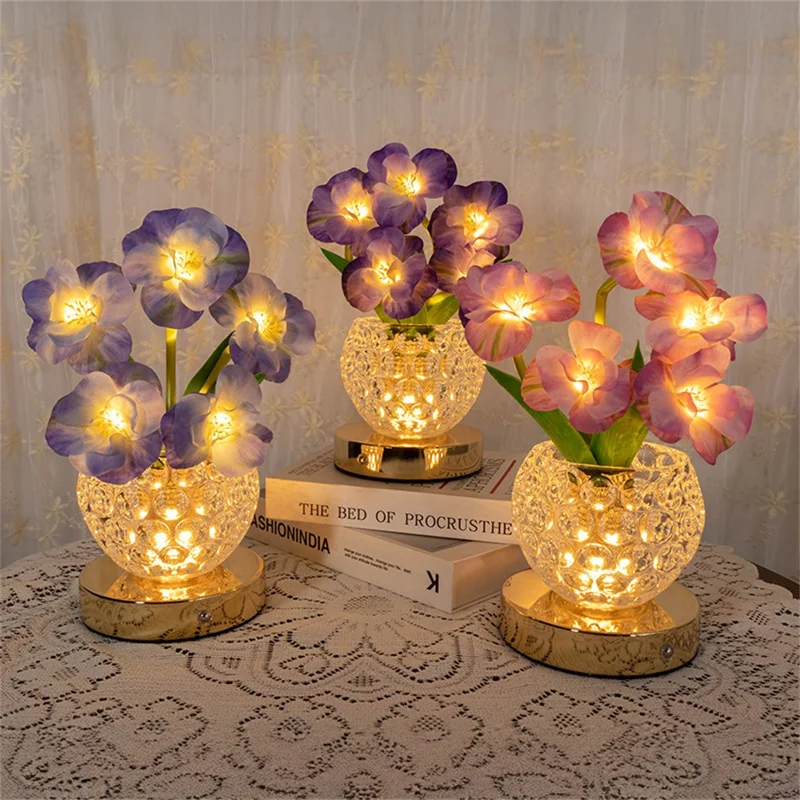 Simulated Cherry Blossom Glass Vase Night Light USB Touch Control 3 Color Dimmable Ambient Table Lamp - Purple