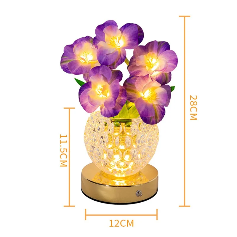 Simulated Cherry Blossom Glass Vase Night Light USB Touch Control 3 Color Dimmable Ambient Table Lamp - Purple