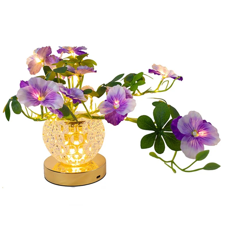 Pansy Glass Vase Ambient Light Home Decor Touch Control 3 Color Temperature USB Rechargeable Night Light - Purple