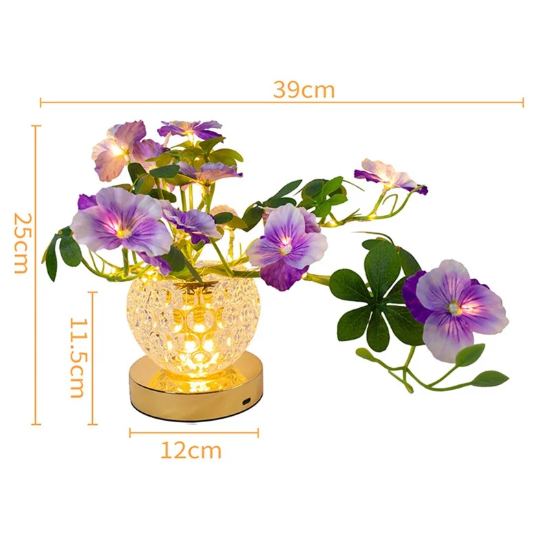 Pansy Glass Vase Ambient Light Home Decor Touch Control 3 Color Temperature USB Rechargeable Night Light - Purple