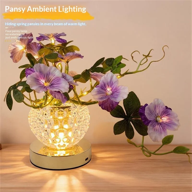 Pansy Glass Vase Ambient Light Home Decor Touch Control 3 Color Temperature USB Rechargeable Night Light - Purple