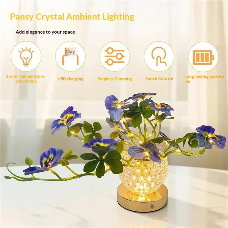 Pansy Glass Vase Ambient Light Home Decor Touch Control 3 Color Temperature USB Rechargeable Night Light - Purple