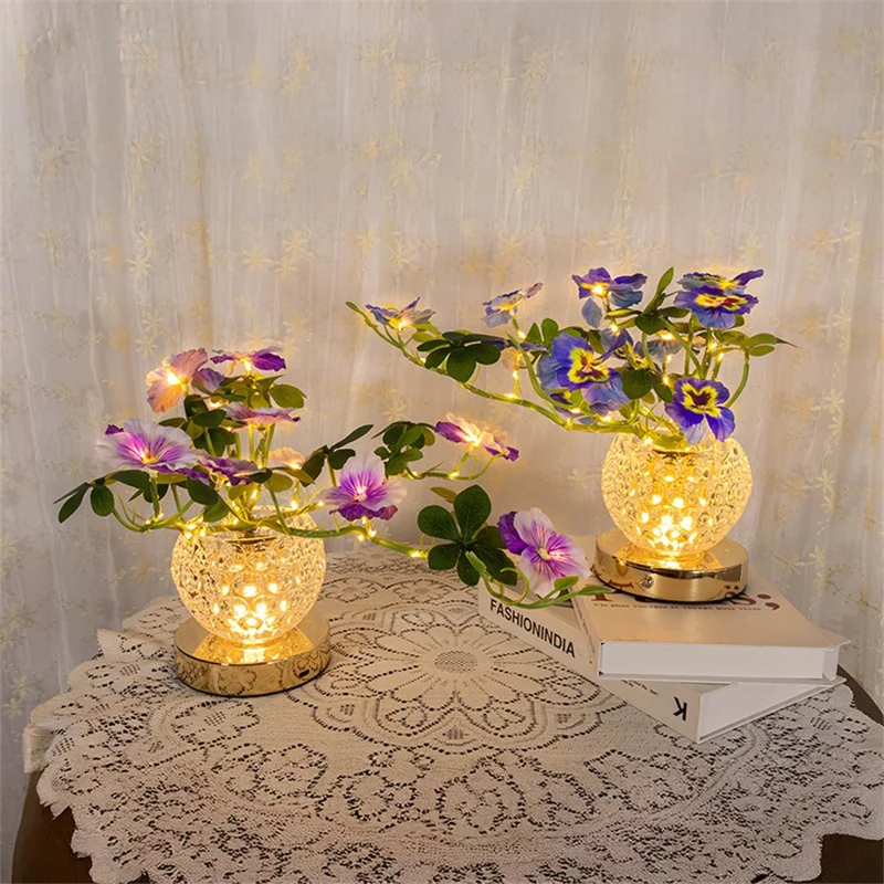 Pansy Glass Vase Ambient Light Home Decor Touch Control 3 Color Temperature USB Rechargeable Night Light - Purple