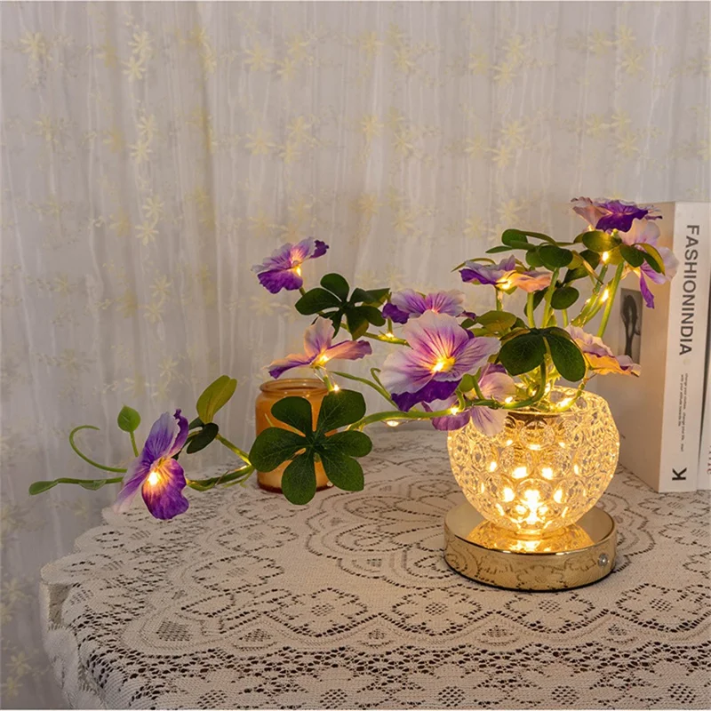 Pansy Glass Vase Ambient Light Home Decor Touch Control 3 Color Temperature USB Rechargeable Night Light - Purple