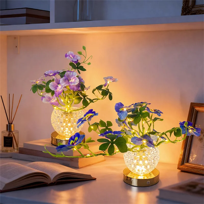 Pansy Glass Vase Ambient Light Home Decor Touch Control 3 Color Temperature USB Rechargeable Night Light - Purple