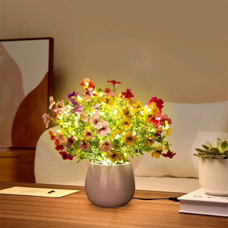 Glowing Violet Flower Pot Lamp Artificial Plant Table Light Ambient Decoration Desk Lamp For Home Dining - EU Plug