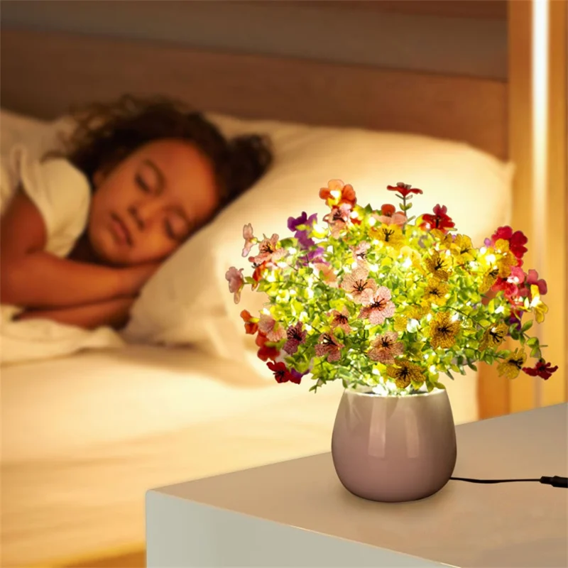 Glowing Violet Flower Pot Lamp Artificial Plant Table Light Ambient Decoration Desk Lamp For Home Dining - EU Plug