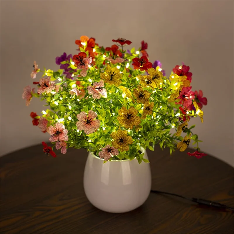 Glowing Violet Flower Pot Lamp Artificial Plant Table Light Ambient Decoration Desk Lamp For Home Dining - EU Plug