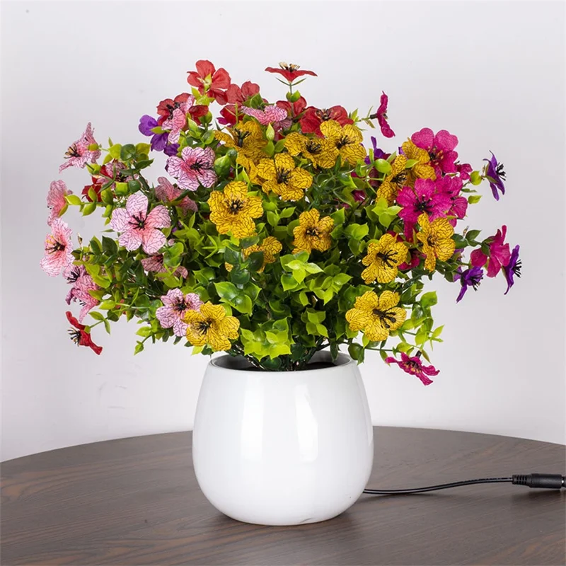 Glowing Violet Flower Pot Lamp Artificial Plant Table Light Ambient Decoration Desk Lamp For Home Dining - EU Plug