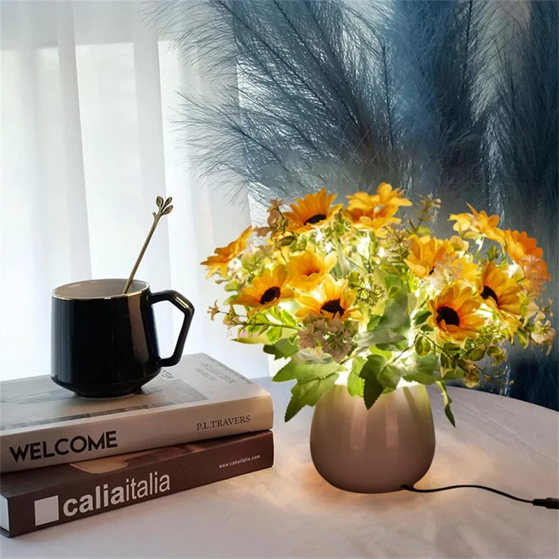 Artificial Sunflower Pot Light Daisy Table Lamp Atmosphere Lighting Photography Home Decor - EU Plug