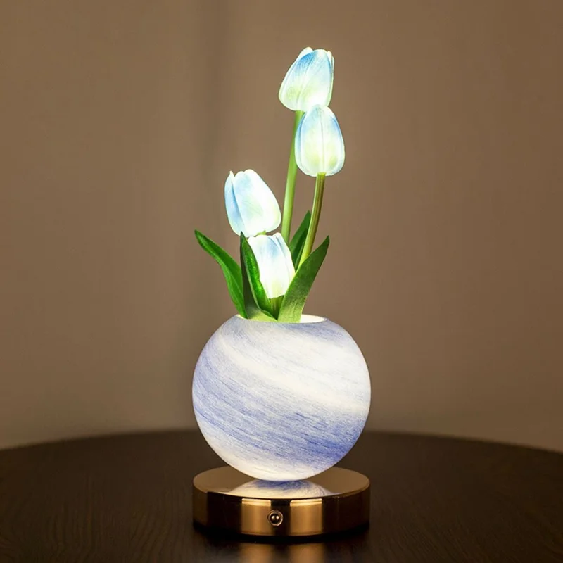 Tulip Night Light Dreamy Planet Table Lamp USB Atmosphere Light Touch Control 3 Color Adjustable For Bedroom - Blue