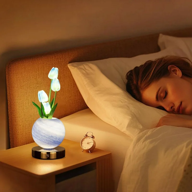 Tulip Night Light Dreamy Planet Table Lamp USB Atmosphere Light Touch Control 3 Color Adjustable For Bedroom - Blue