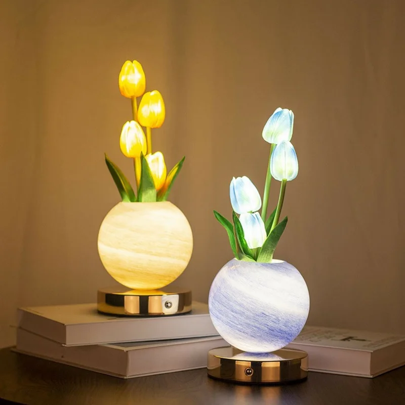 Tulip Night Light Dreamy Planet Table Lamp USB Atmosphere Light Touch Control 3 Color Adjustable For Bedroom - Blue
