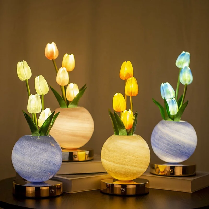 Tulip Night Light Dreamy Planet Table Lamp USB Atmosphere Light Touch Control 3 Color Adjustable For Bedroom - Blue