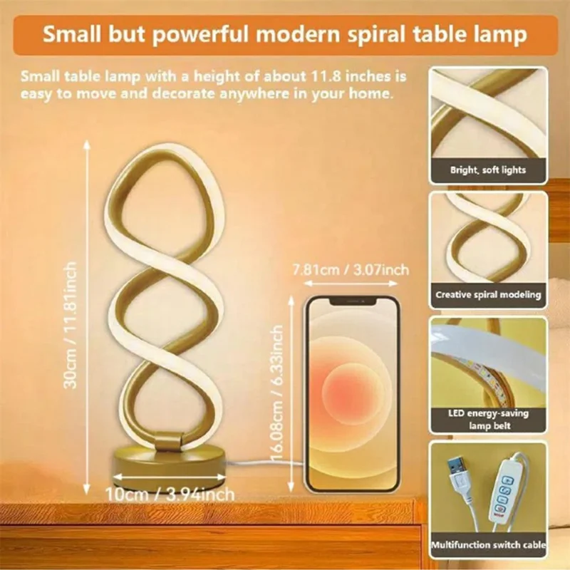 Dwuhelisowa aluminiowa lampka dekoracyjna z funkcją bezstopniowego regulowania jasności w trzech kolorach, LED z dotykowym sterowaniem - Czarny