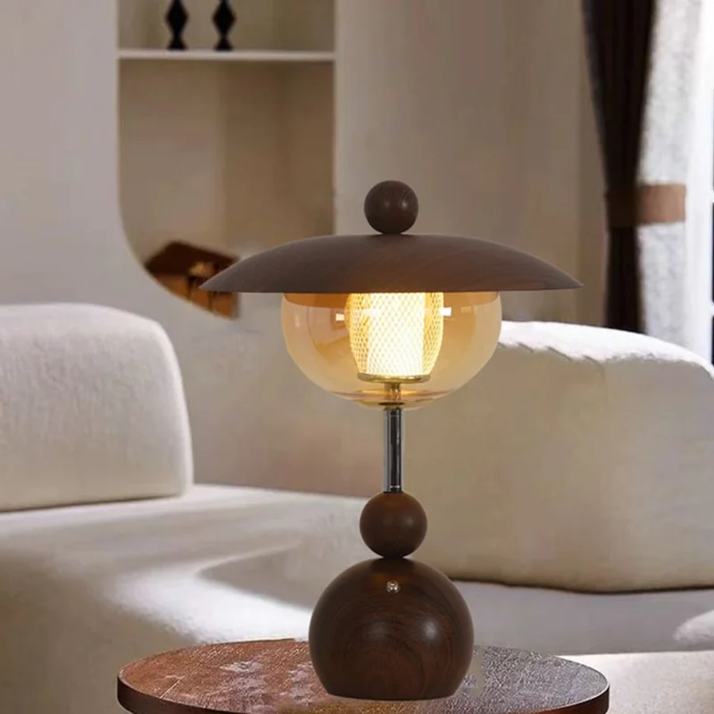 Vintage Solid Wood Table Lamp Touch Switch Rechargeable Stepless Dimming Ambient Light For Living Room