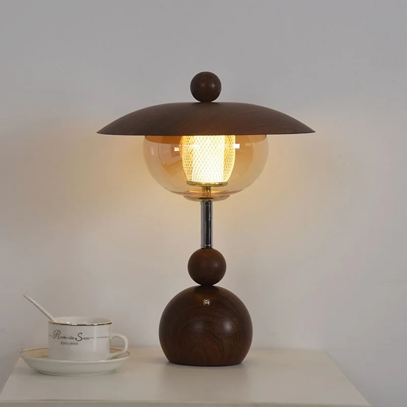 Vintage Solid Wood Table Lamp Touch Switch Rechargeable Stepless Dimming Ambient Light For Living Room