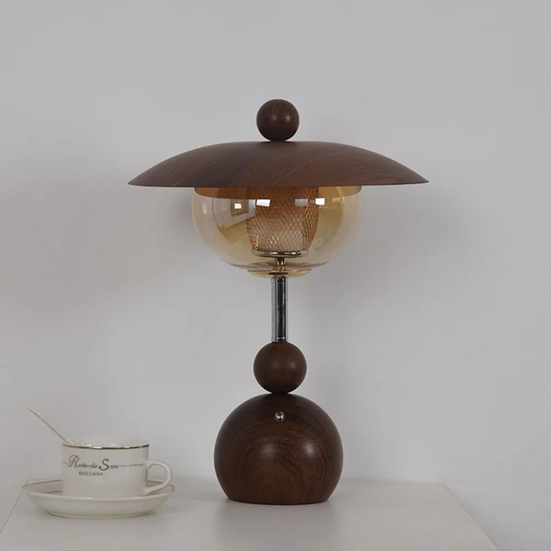 Vintage Solid Wood Table Lamp Touch Switch Rechargeable Stepless Dimming Ambient Light For Living Room