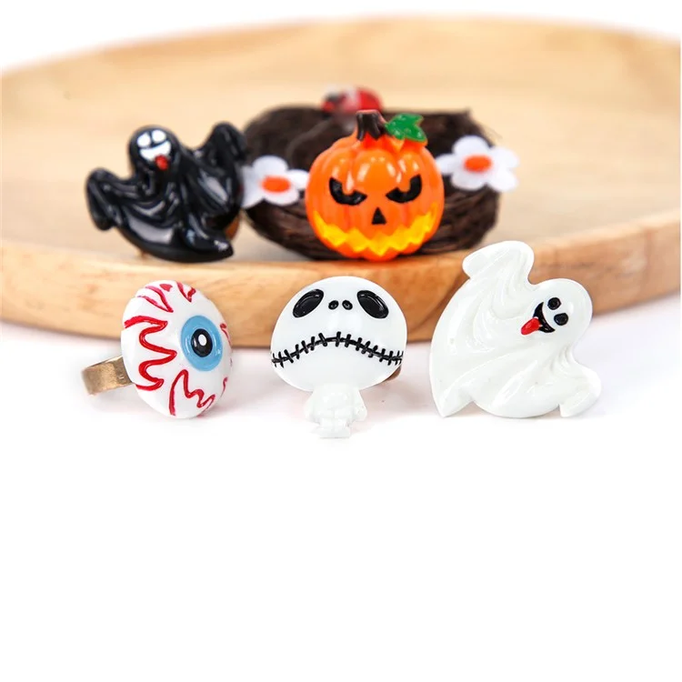 12Pcs / Set Gold Plating Halloween Rings Kit Spooky Ghost Bat Pumpkin Gothic Costume Hand Finger Rings (5 Styles)