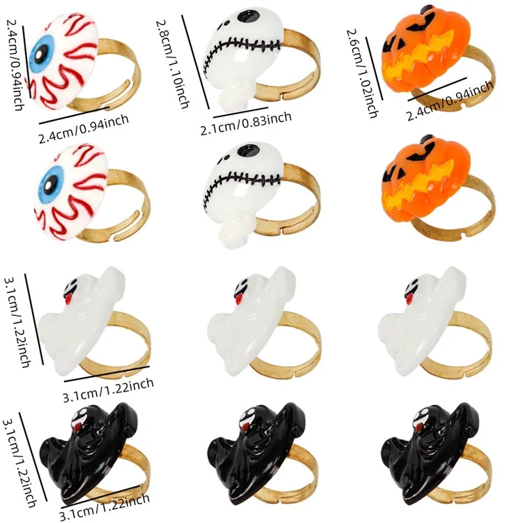 12 Peças / Conjunto Anéis Banhados a Ouro Kit de Fantasma de Halloween Assustador Morcego Abóbora Gótico Fantasia Mão Anéis de Dedo (5 Estilos) 