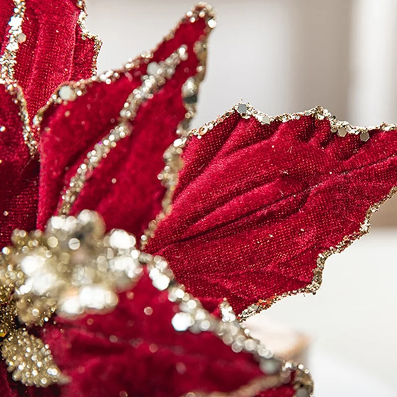 30 cm Kwiat Bożonarodzeniowy Błyszczący Sztuczny Kwiat na Choinkę - Czerwony Winny