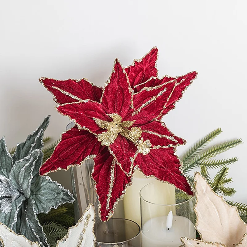 30 cm Kwiat Bożonarodzeniowy Błyszczący Sztuczny Kwiat na Choinkę - Czerwony Winny
