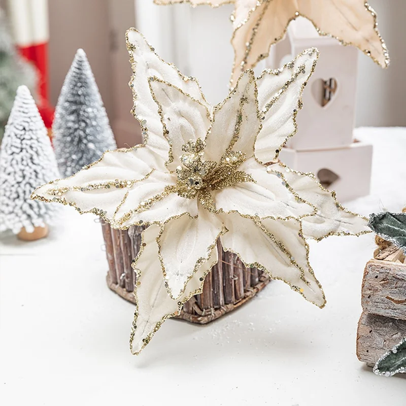 30 cm Kwiat Bożonarodzeniowy Błyszczący Sztuczny Kwiat na Choinkę - Czerwony Winny