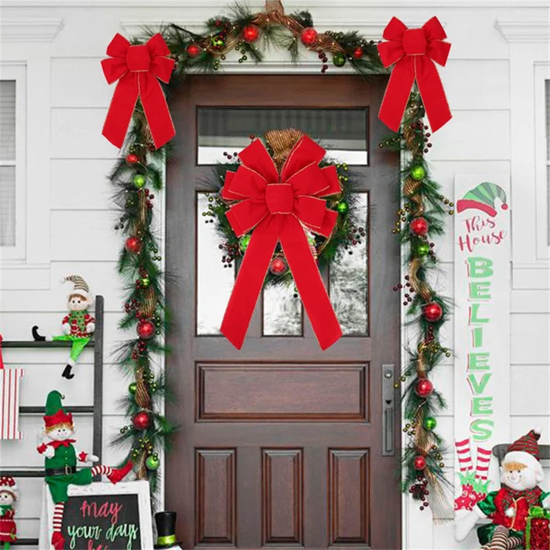 Grand nœud de Noël velours à 10 boucles avec bordure dorée scintillante, nœud pour sommet de sapin ou décoration de porte d'entrée - Rouge