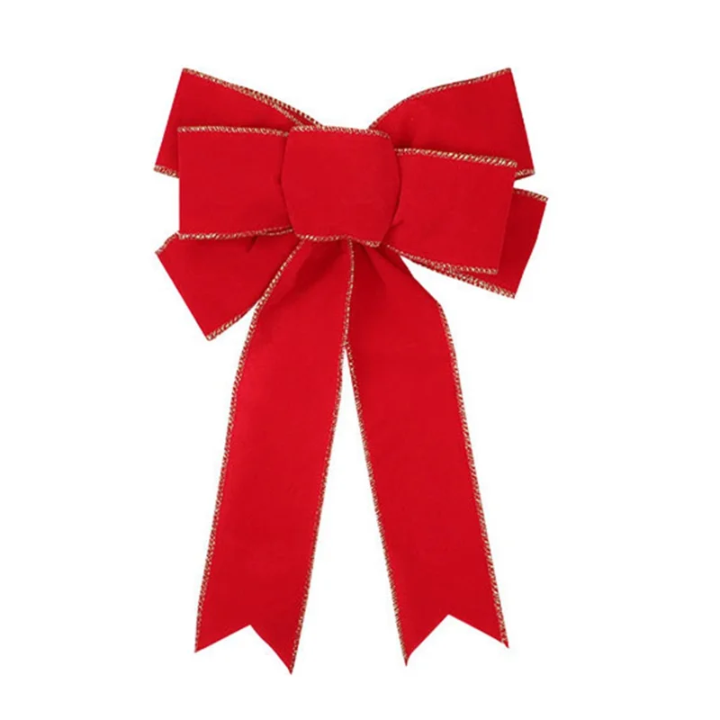 7-segmentowa kokarda z aksamitu z błyszczącym złotym brzegiem, kokarda na choinkę, ozdoba na drzwi - czerwony