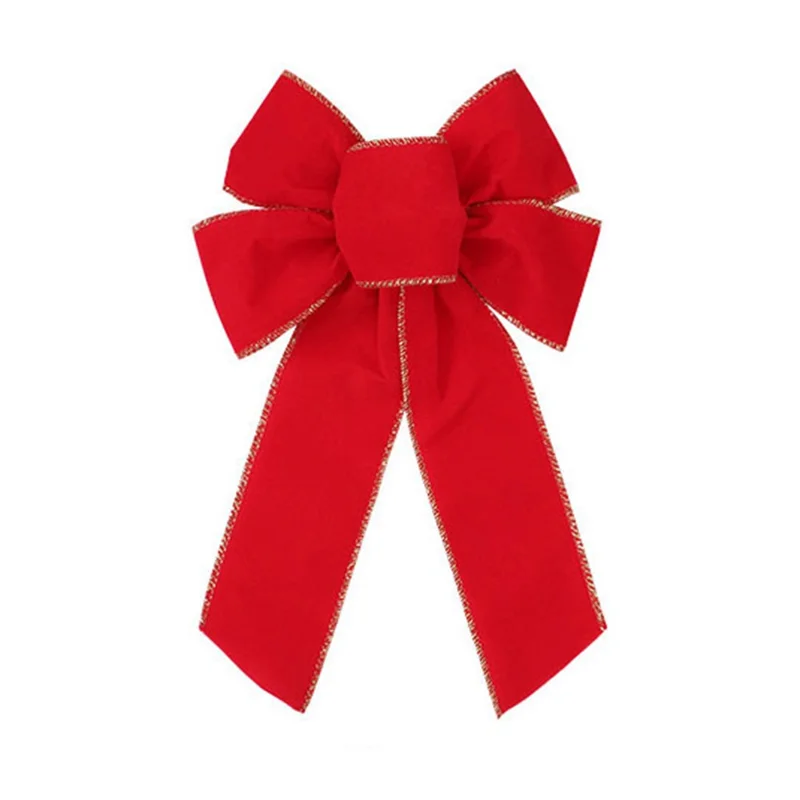 Piękny jedwabisty świąteczny kokard z 5 pętlami z krawędzią w złoty blask - kokardka na choinkę, ozdoba na drzwi - czerwony