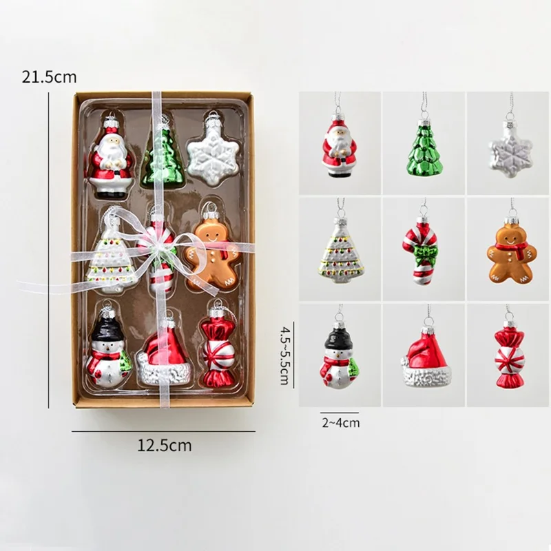 Ensemble de 9 pièces de décorations de Noël en verre, boules de sapin avec bonhomme de neige et Père Noël, coffret cadeau - Série A