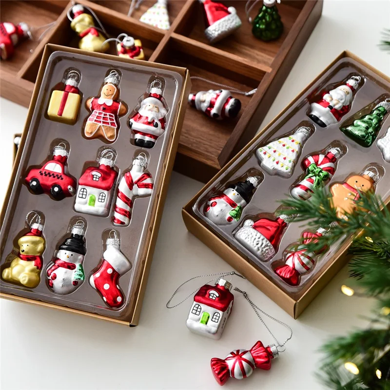 Ensemble de 9 pièces de décorations de Noël en verre, boules de sapin avec bonhomme de neige et Père Noël, coffret cadeau - Série A
