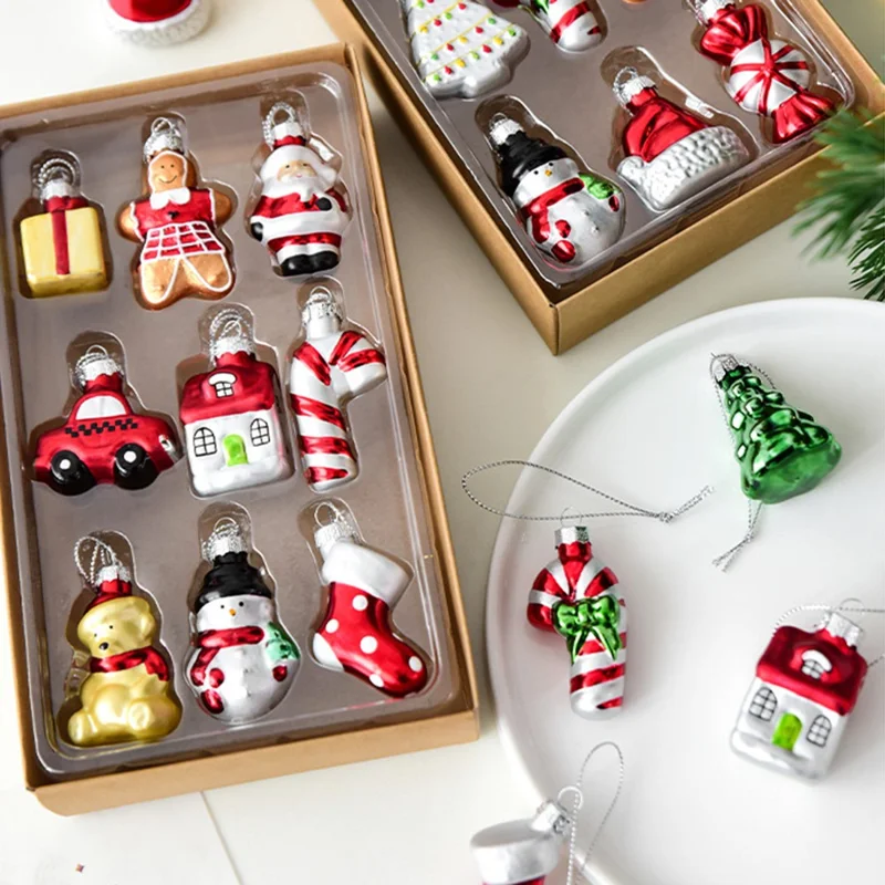 Ensemble de 9 pièces de décorations de Noël en verre, boules de sapin avec bonhomme de neige et Père Noël, coffret cadeau - Série A