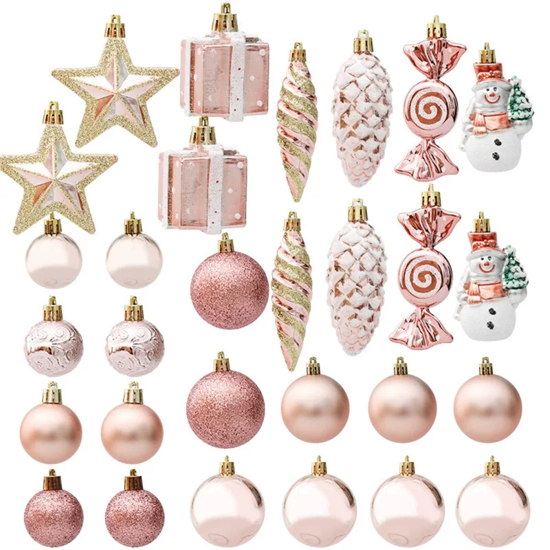 Ensemble de 29 pièces d'ornements de sapin de Noël, boules scintillantes décoratives suspendues - Or rose
