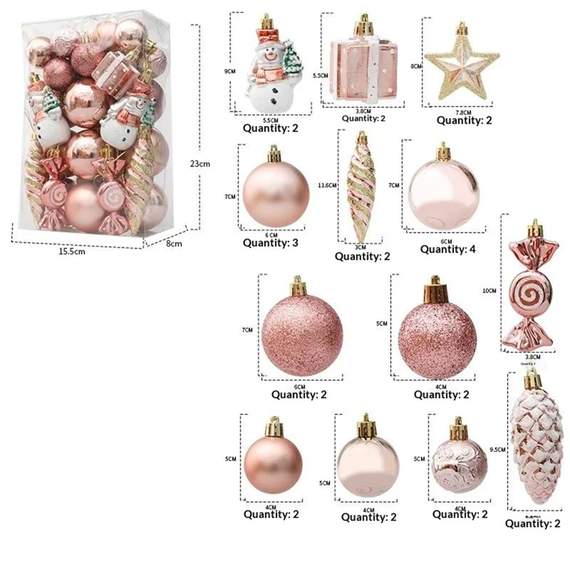 Ensemble de 29 pièces d'ornements de sapin de Noël, boules scintillantes décoratives suspendues - Or rose