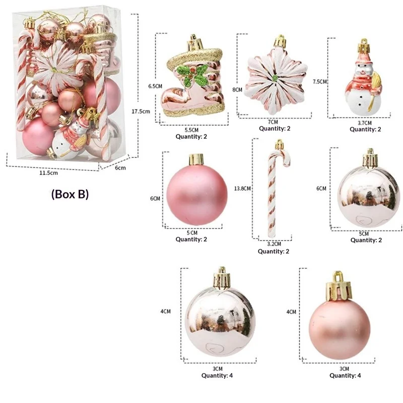20 szt. zestaw ozdób choinkowych, figurki bałwanka, trzciny cukrowej, plastikowe kule, różowe i złote zawieszki na choinkę