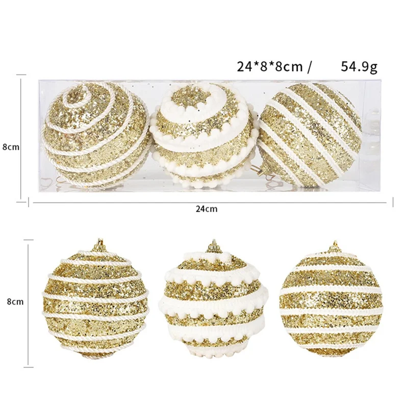 Lot de 3 boules de Noël de 8 cm, décorations suspendues à rayures scintillantes et superposées - Or