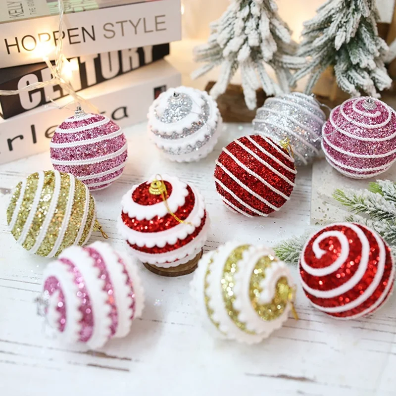 Lot de 3 boules de Noël de 8 cm, décorations suspendues à rayures scintillantes et superposées - Or