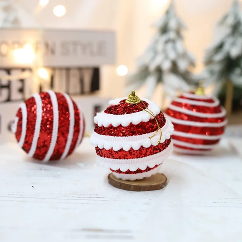 Lot de 3 boules de Noël de 8 cm, décorations suspendues à rayures scintillantes et superposées - Or